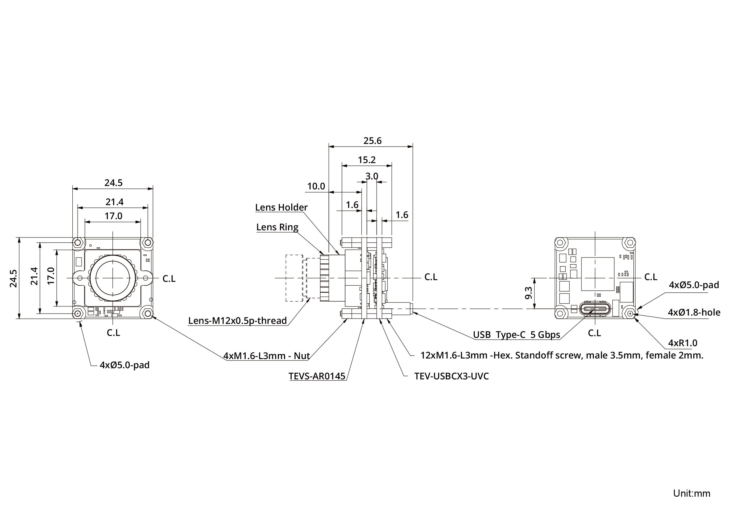 UVCS-AR0145-SL Dimensions